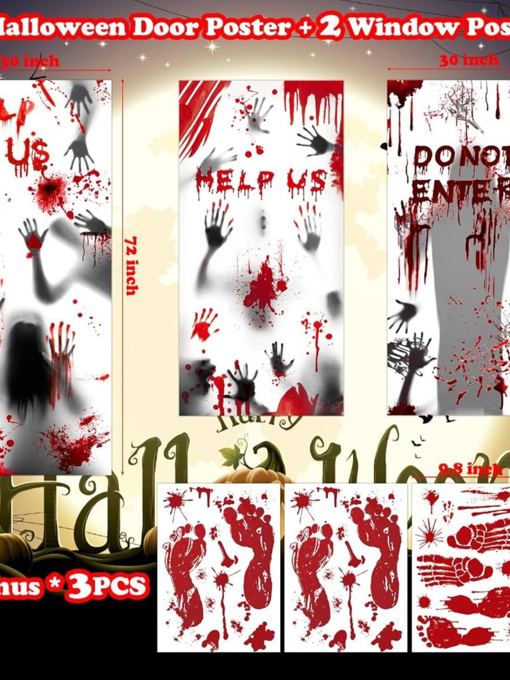 Halloween Giant Bloody Handprint Decorations, 3 PCS Halloween Door Cover Window - Picture 3 of 7